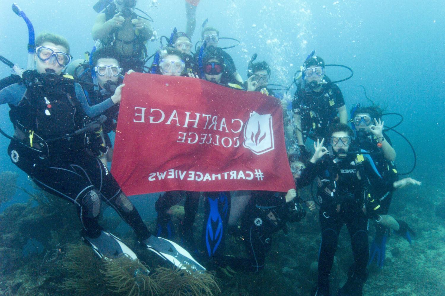 学生们手持<a href='http://qjl.lfkgw.com'>bv伟德ios下载</a>旗帜，在j学期洪都拉斯游学之旅中潜水.